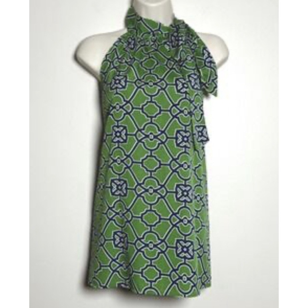 buckhead betties Sleeveless Top Size XL Blue Green Geometric Chain High Neck Bow